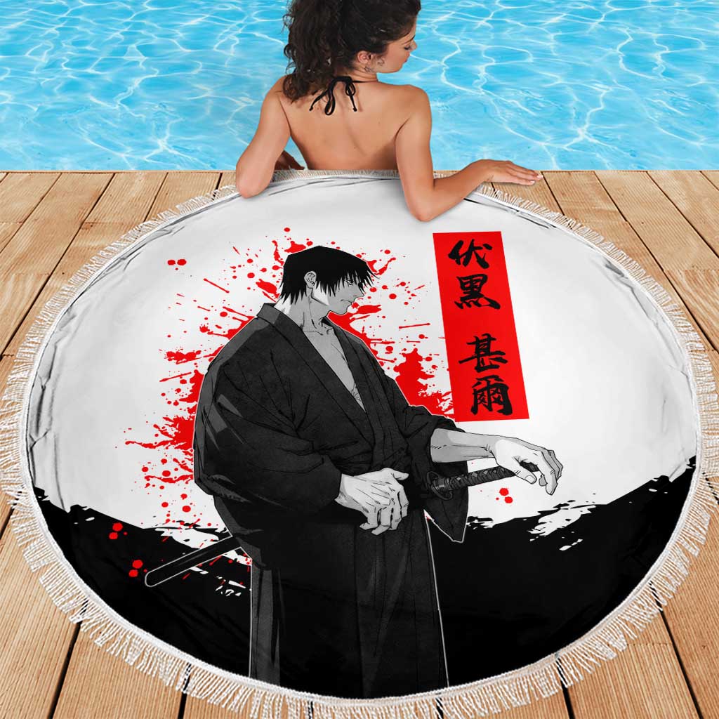Toji Fushiguro Jujutsu Kaisen Samurai Theme Beach Blanket with Katana, Red Kanji and Oni Mask Artwork - The Mazicc