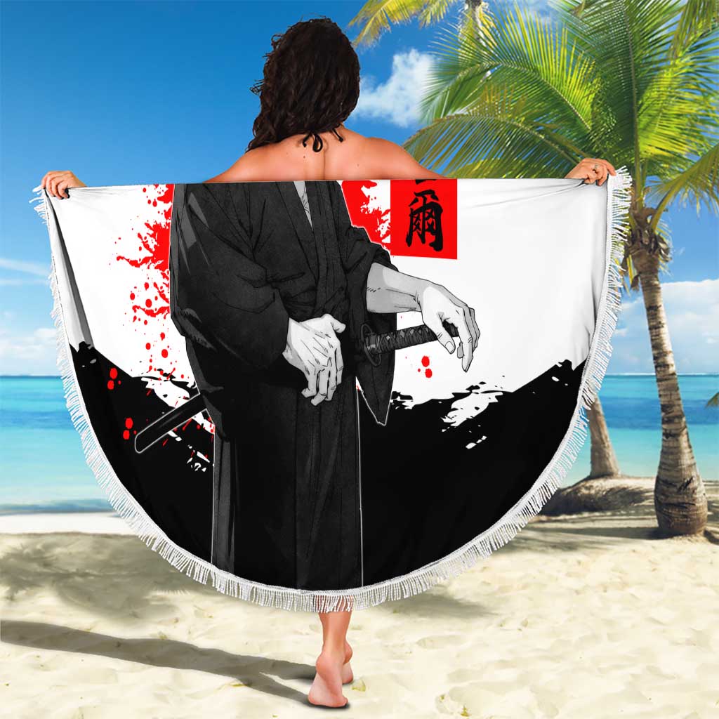 Toji Fushiguro Jujutsu Kaisen Samurai Theme Beach Blanket with Katana, Red Kanji and Oni Mask Artwork - The Mazicc