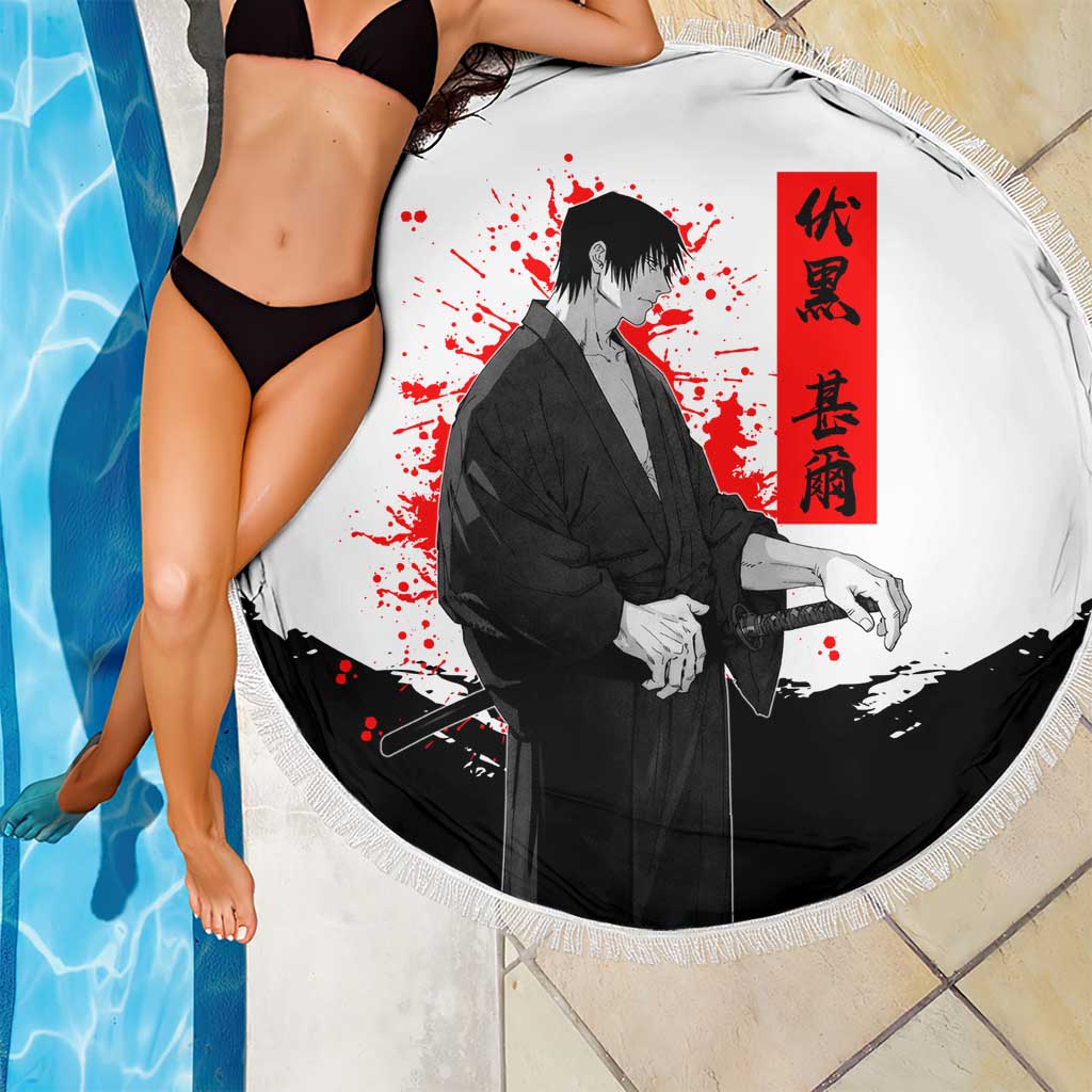 Toji Fushiguro Jujutsu Kaisen Samurai Theme Beach Blanket with Katana, Red Kanji and Oni Mask Artwork - The Mazicc