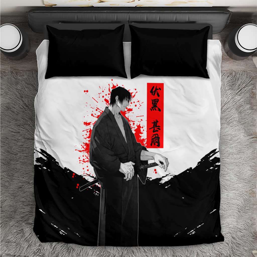 Toji Fushiguro Jujutsu Kaisen Samurai Theme Bedding Set with Katana, Red Kanji and Oni Mask Artwork - The Mazicc