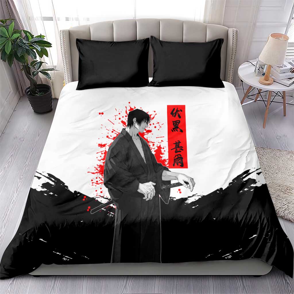 Toji Fushiguro Jujutsu Kaisen Samurai Theme Bedding Set with Katana, Red Kanji and Oni Mask Artwork - The Mazicc