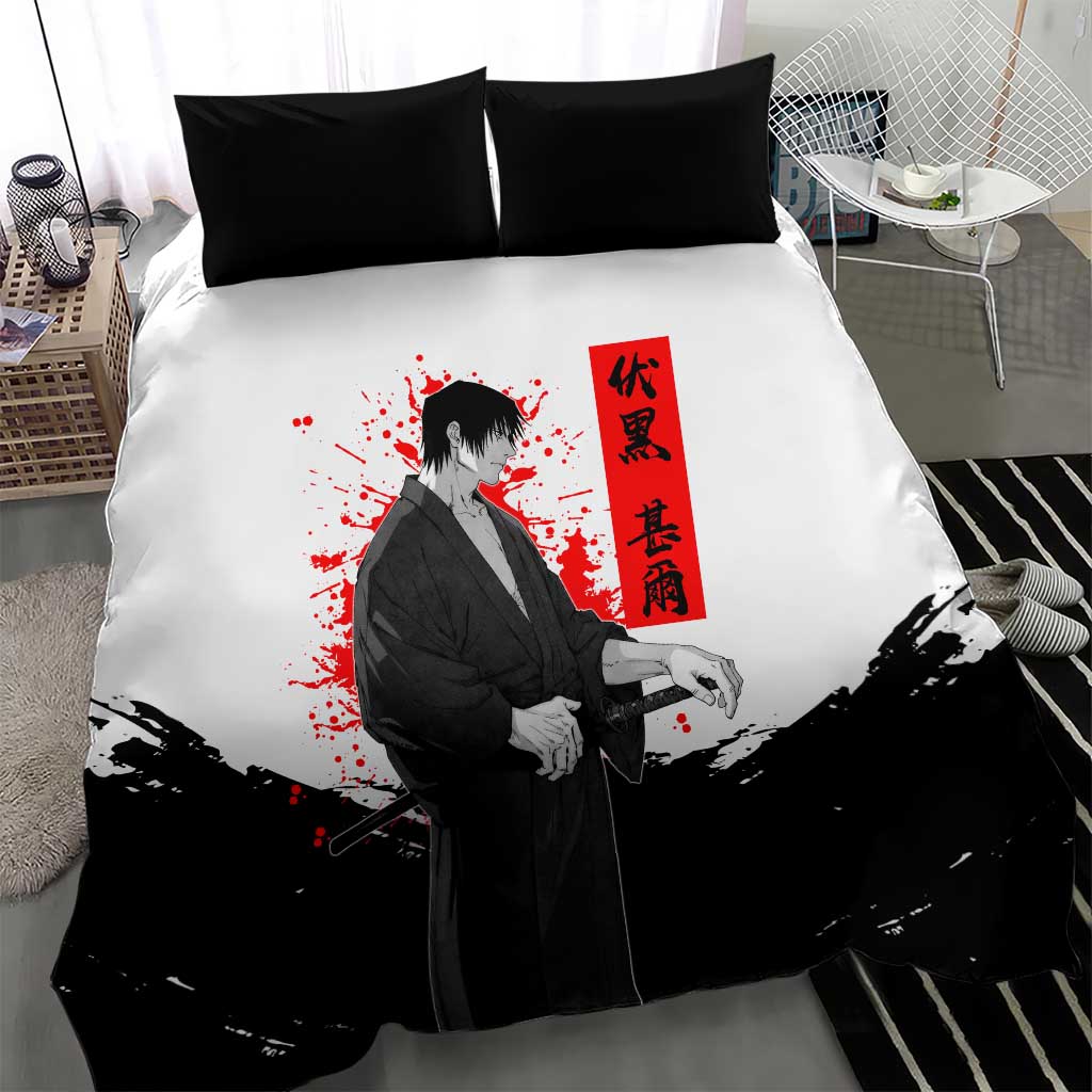 Toji Fushiguro Jujutsu Kaisen Samurai Theme Bedding Set with Katana, Red Kanji and Oni Mask Artwork - The Mazicc