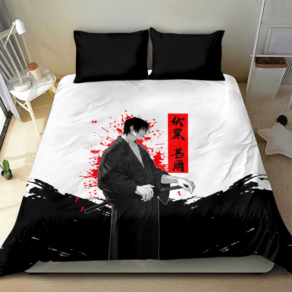 Toji Fushiguro Jujutsu Kaisen Samurai Theme Bedding Set with Katana, Red Kanji and Oni Mask Artwork - The Mazicc