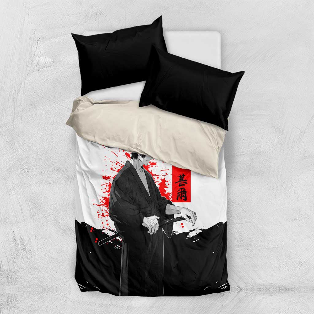 Toji Fushiguro Jujutsu Kaisen Samurai Theme Bedding Set with Katana, Red Kanji and Oni Mask Artwork - The Mazicc