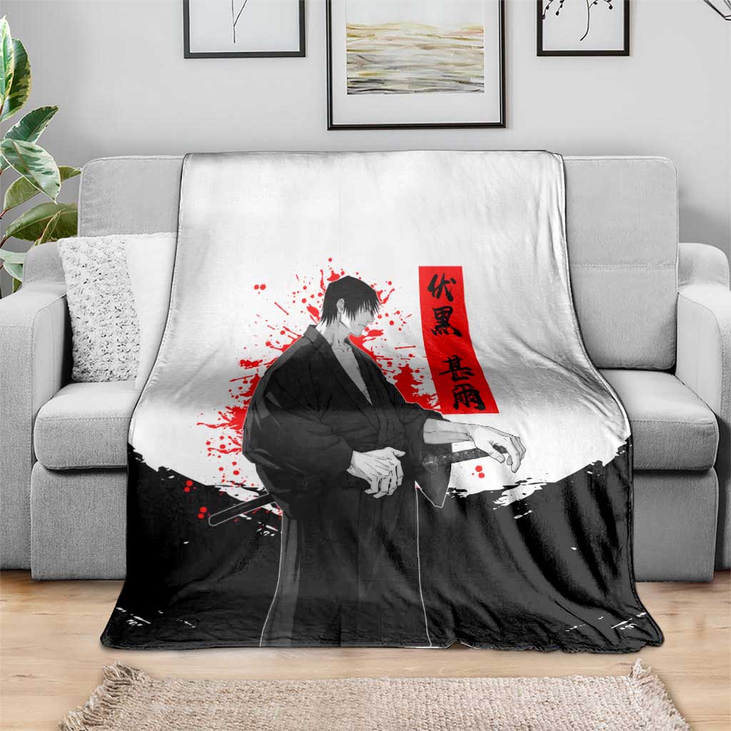 Toji Fushiguro Jujutsu Kaisen Samurai Theme Blanket with Katana, Red Kanji and Oni Mask Artwork - The Mazicc