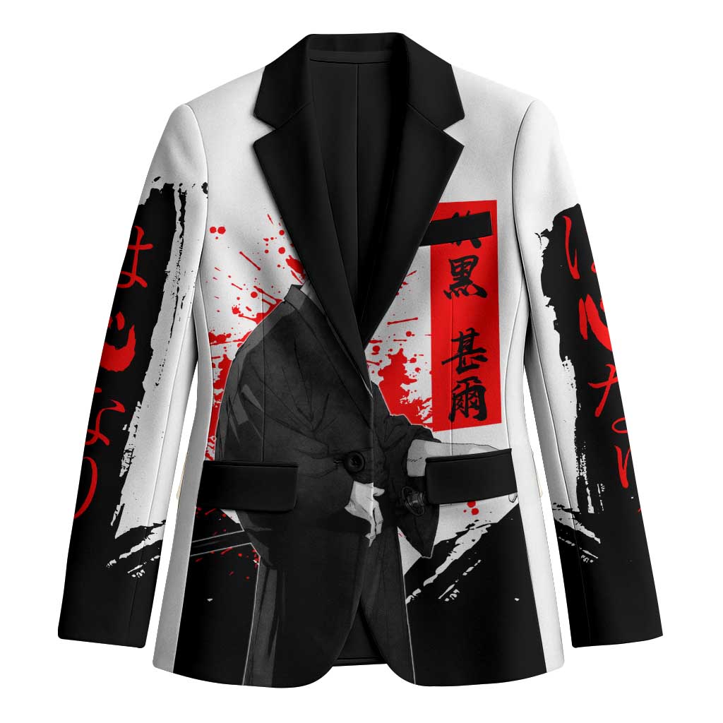 Toji Fushiguro Jujutsu Kaisen Samurai Theme Blazer with Katana, Red Kanji and Oni Mask Artwork - The Mazicc
