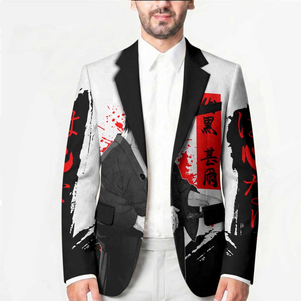 Toji Fushiguro Jujutsu Kaisen Samurai Theme Blazer with Katana, Red Kanji and Oni Mask Artwork - The Mazicc