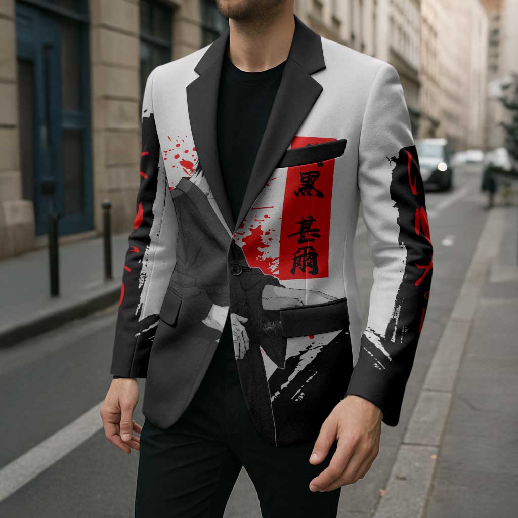 Toji Fushiguro Jujutsu Kaisen Samurai Theme Blazer with Katana, Red Kanji and Oni Mask Artwork - The Mazicc