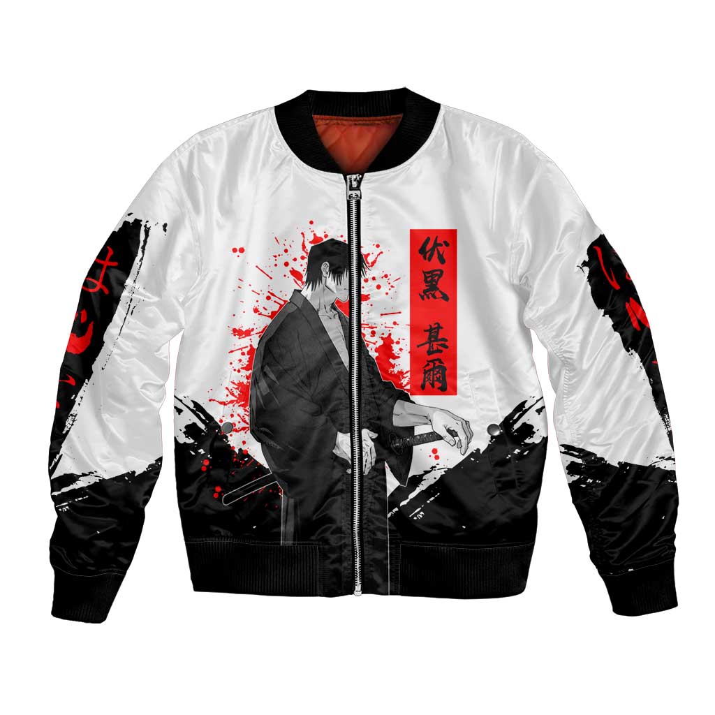Toji Fushiguro Jujutsu Kaisen Samurai Theme Bomber Jacket with Katana, Red Kanji and Oni Mask Artwork - The Mazicc
