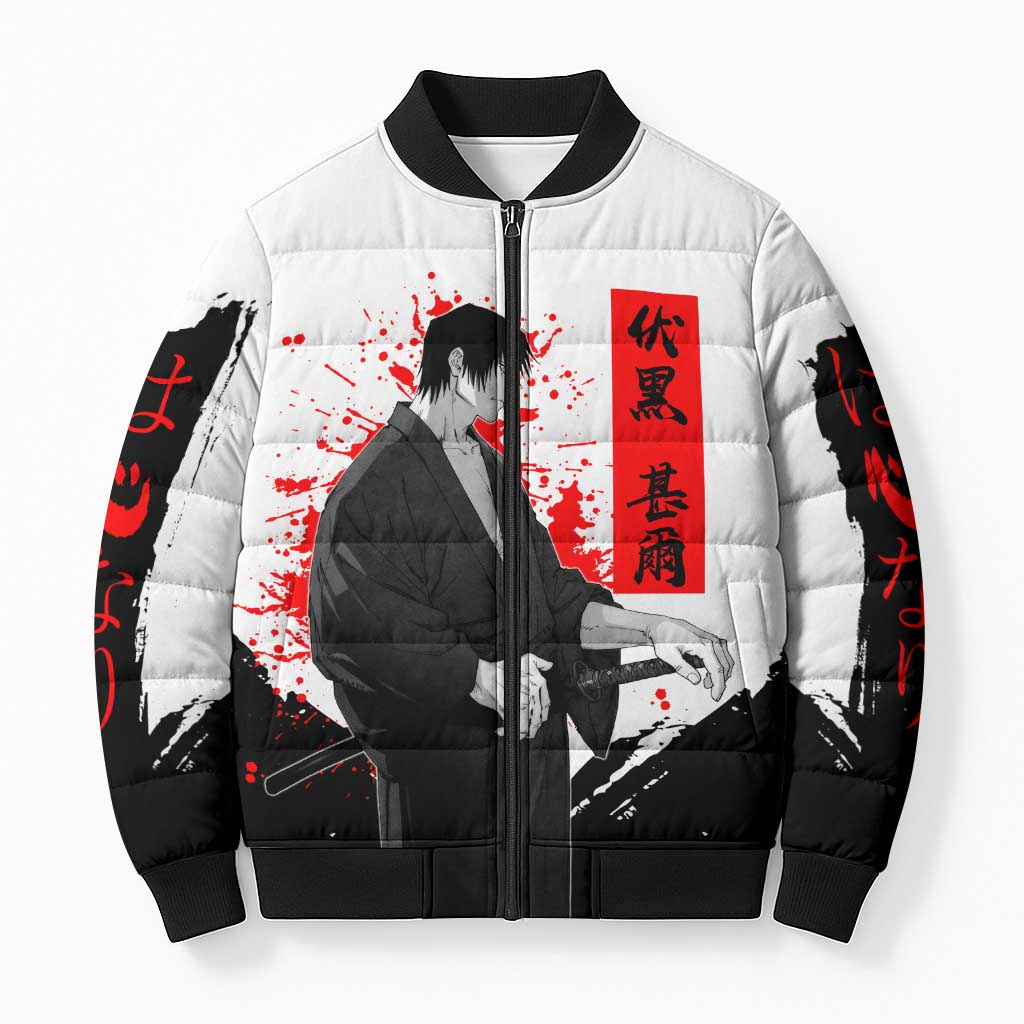 Toji Fushiguro Jujutsu Kaisen Samurai Theme Bomber Puffer Jacket with Katana, Red Kanji and Oni Mask Artwork - The Mazicc