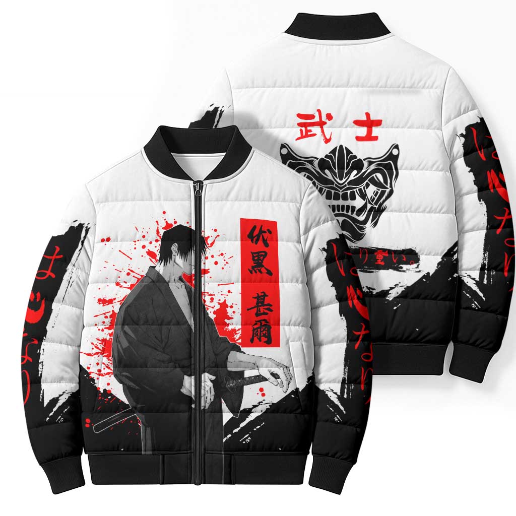 Toji Fushiguro Jujutsu Kaisen Samurai Theme Bomber Puffer Jacket with Katana, Red Kanji and Oni Mask Artwork - The Mazicc