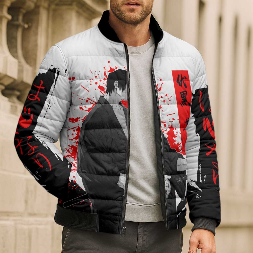 Toji Fushiguro Jujutsu Kaisen Samurai Theme Bomber Puffer Jacket with Katana, Red Kanji and Oni Mask Artwork - The Mazicc