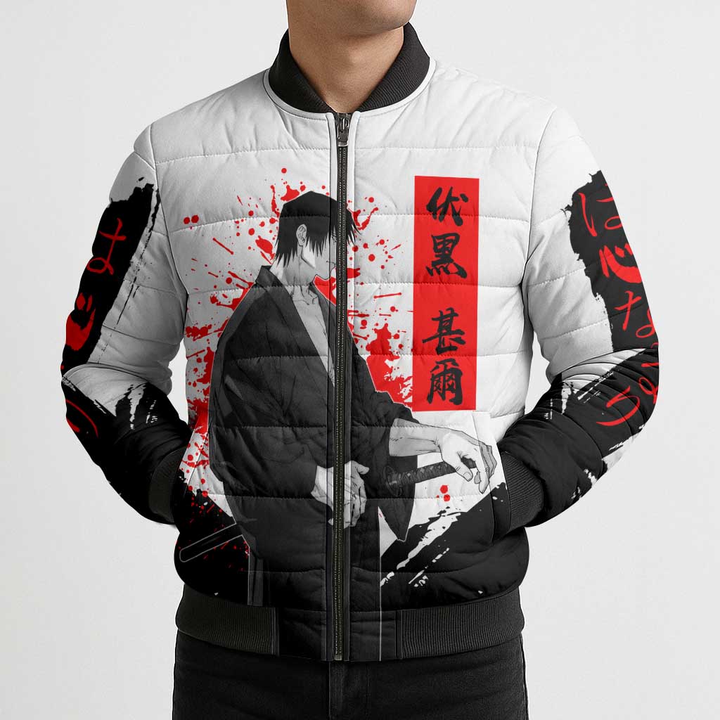 Toji Fushiguro Jujutsu Kaisen Samurai Theme Bomber Puffer Jacket with Katana, Red Kanji and Oni Mask Artwork - The Mazicc
