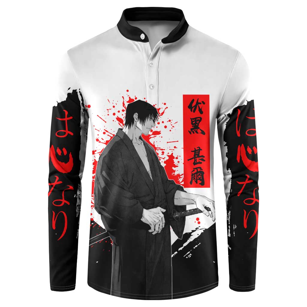 Toji Fushiguro Jujutsu Kaisen Samurai Theme Button Sweatshirt with Katana, Red Kanji and Oni Mask Artwork - The Mazicc