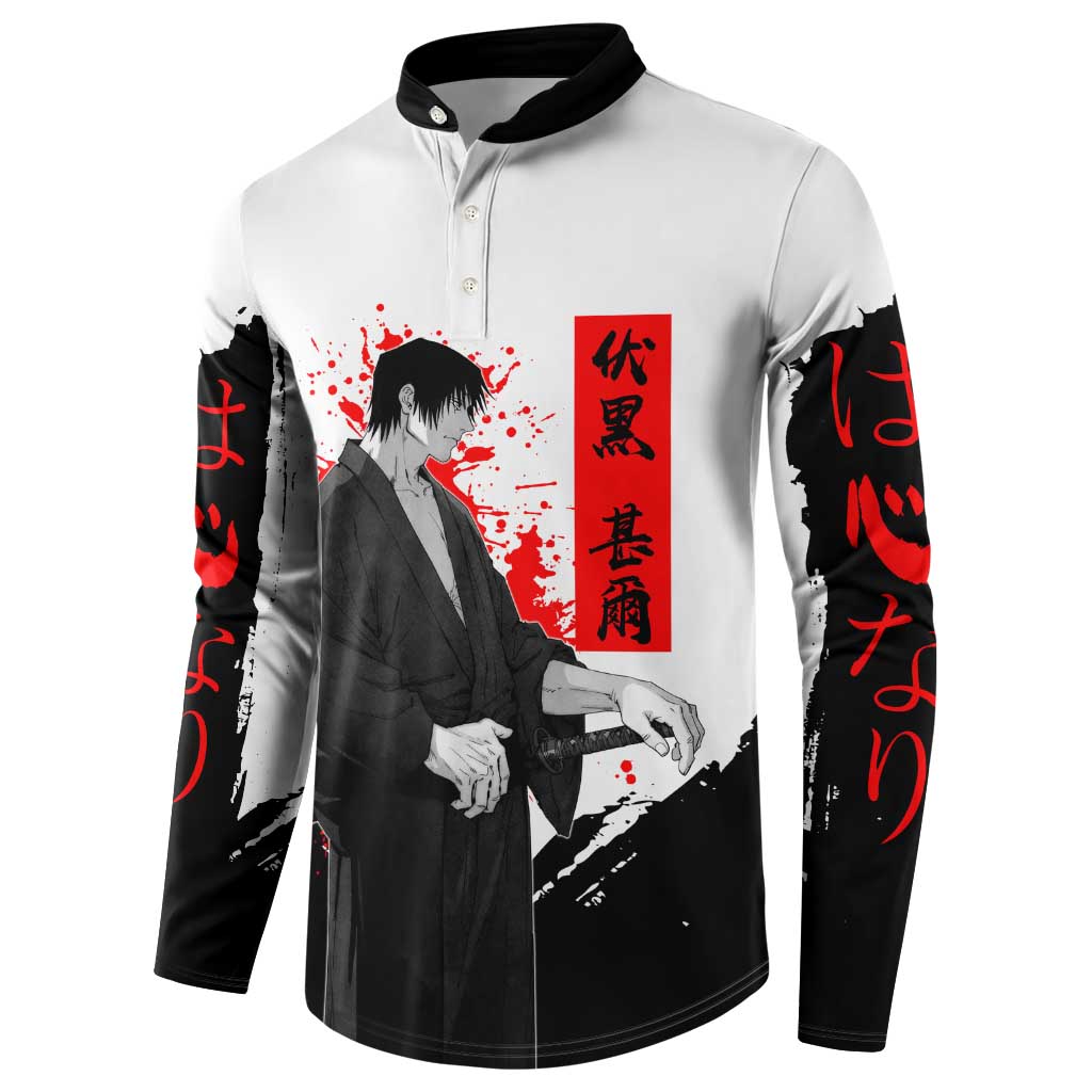 Toji Fushiguro Jujutsu Kaisen Samurai Theme Button Sweatshirt with Katana, Red Kanji and Oni Mask Artwork - The Mazicc