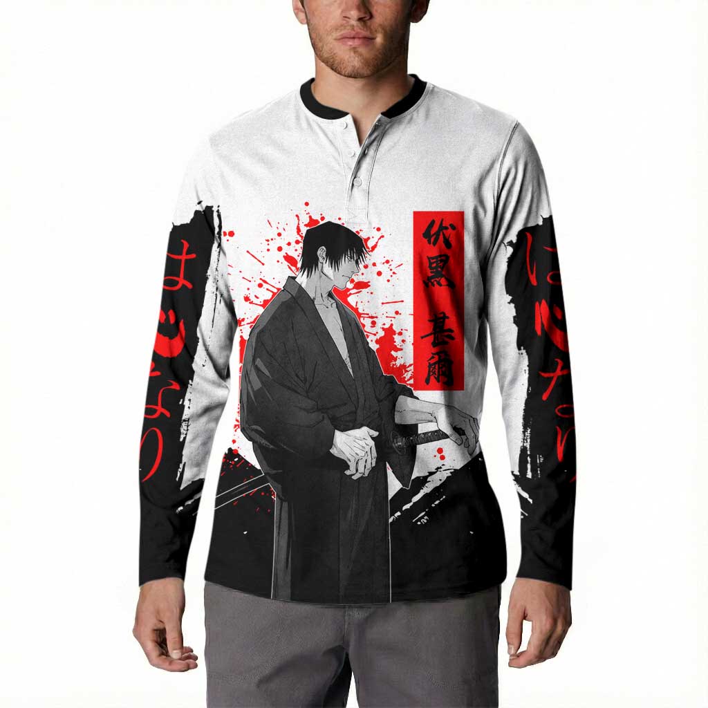 Toji Fushiguro Jujutsu Kaisen Samurai Theme Button Sweatshirt with Katana, Red Kanji and Oni Mask Artwork - The Mazicc