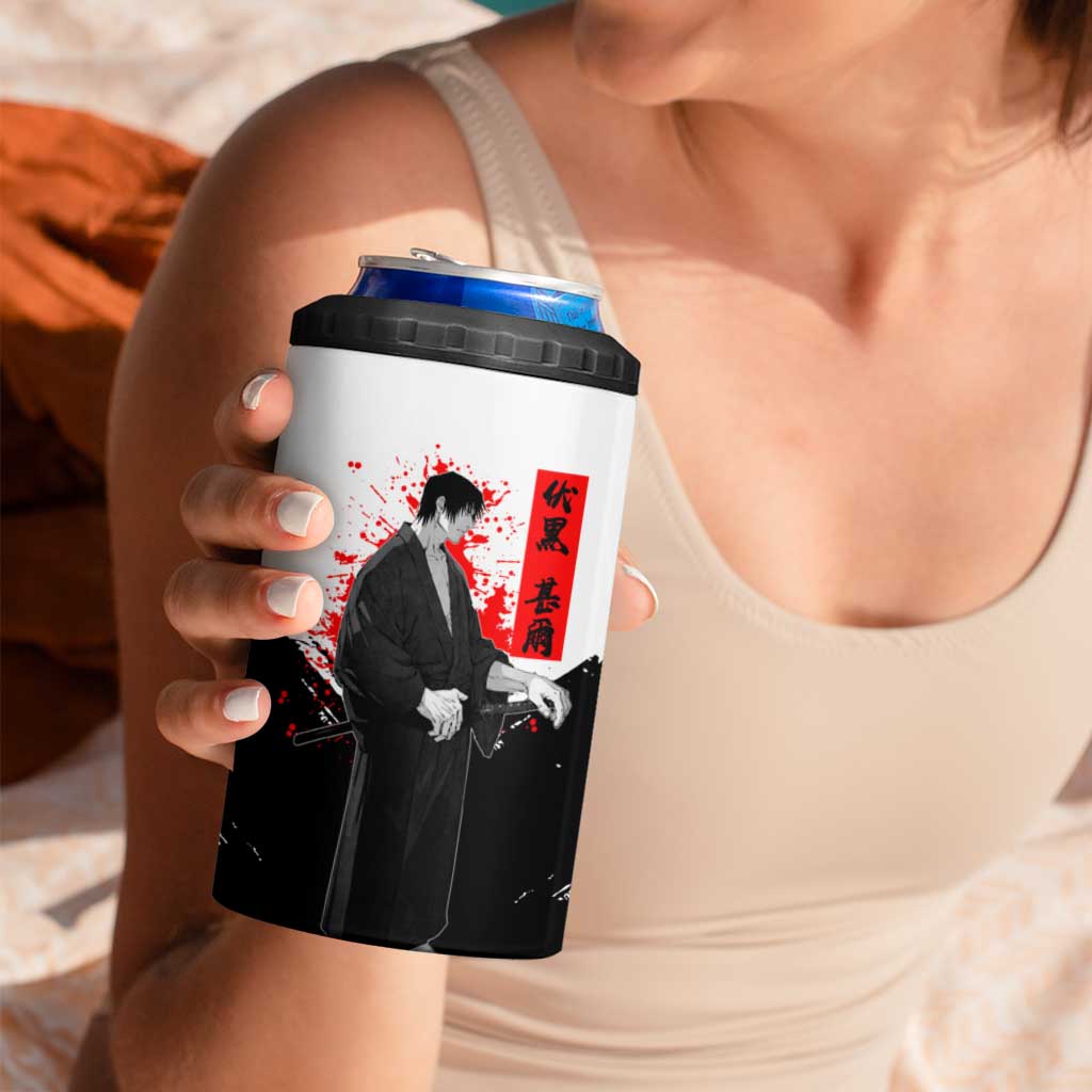 Toji Fushiguro Jujutsu Kaisen Samurai Theme 4 in 1 Can Cooler Tumbler with Katana, Red Kanji and Oni Mask Artwork - The Mazicc