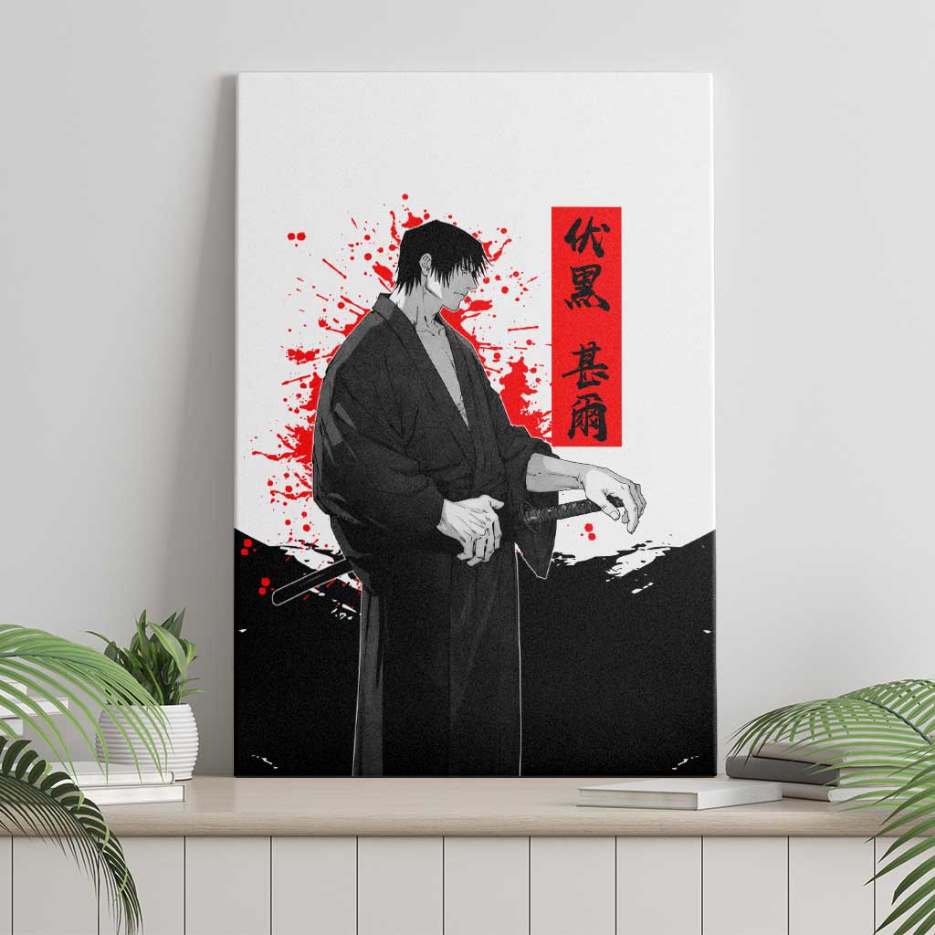 Toji Fushiguro Jujutsu Kaisen Samurai Theme Canvas Wall Art with Katana, Red Kanji and Oni Mask Artwork - The Mazicc