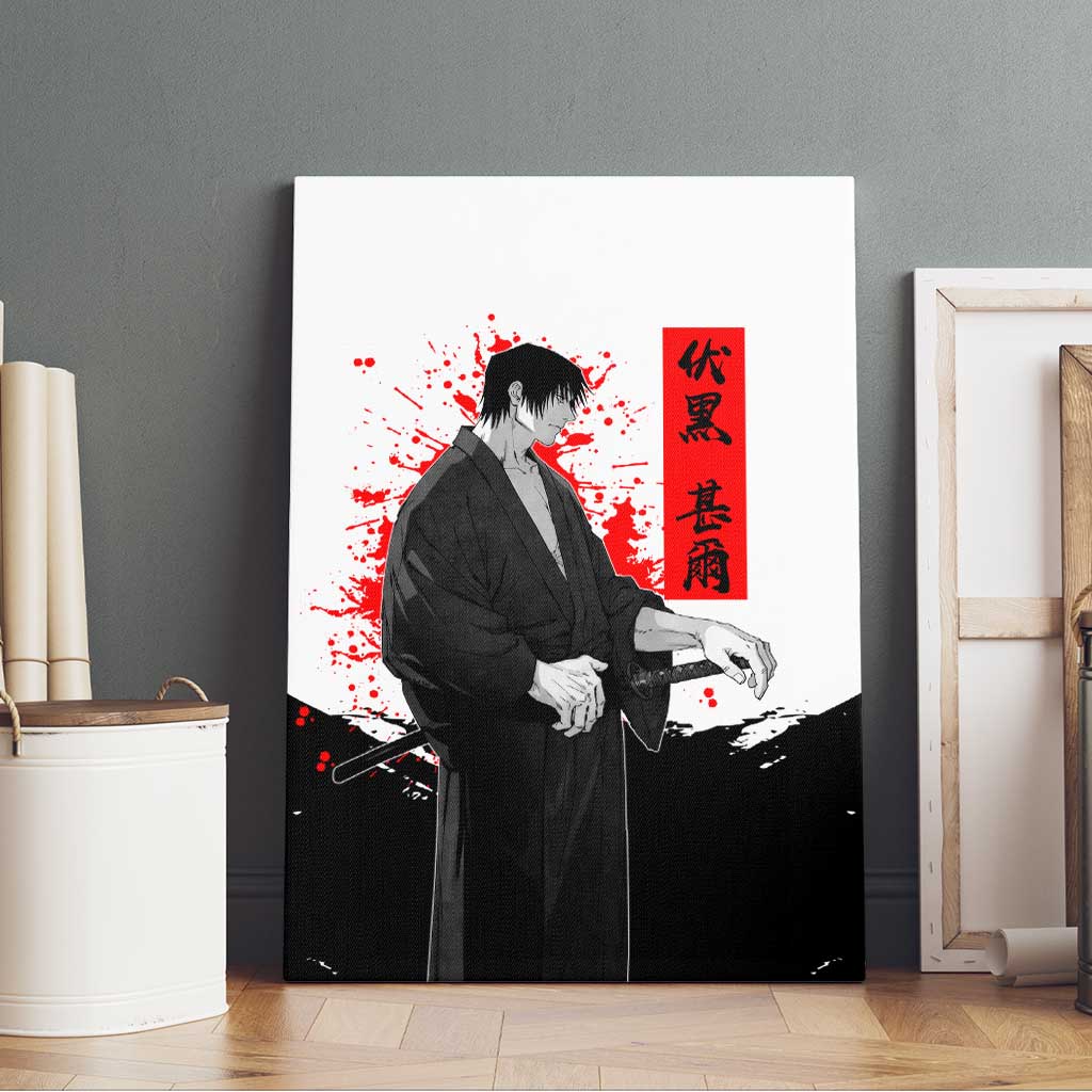 Toji Fushiguro Jujutsu Kaisen Samurai Theme Canvas Wall Art with Katana, Red Kanji and Oni Mask Artwork - The Mazicc