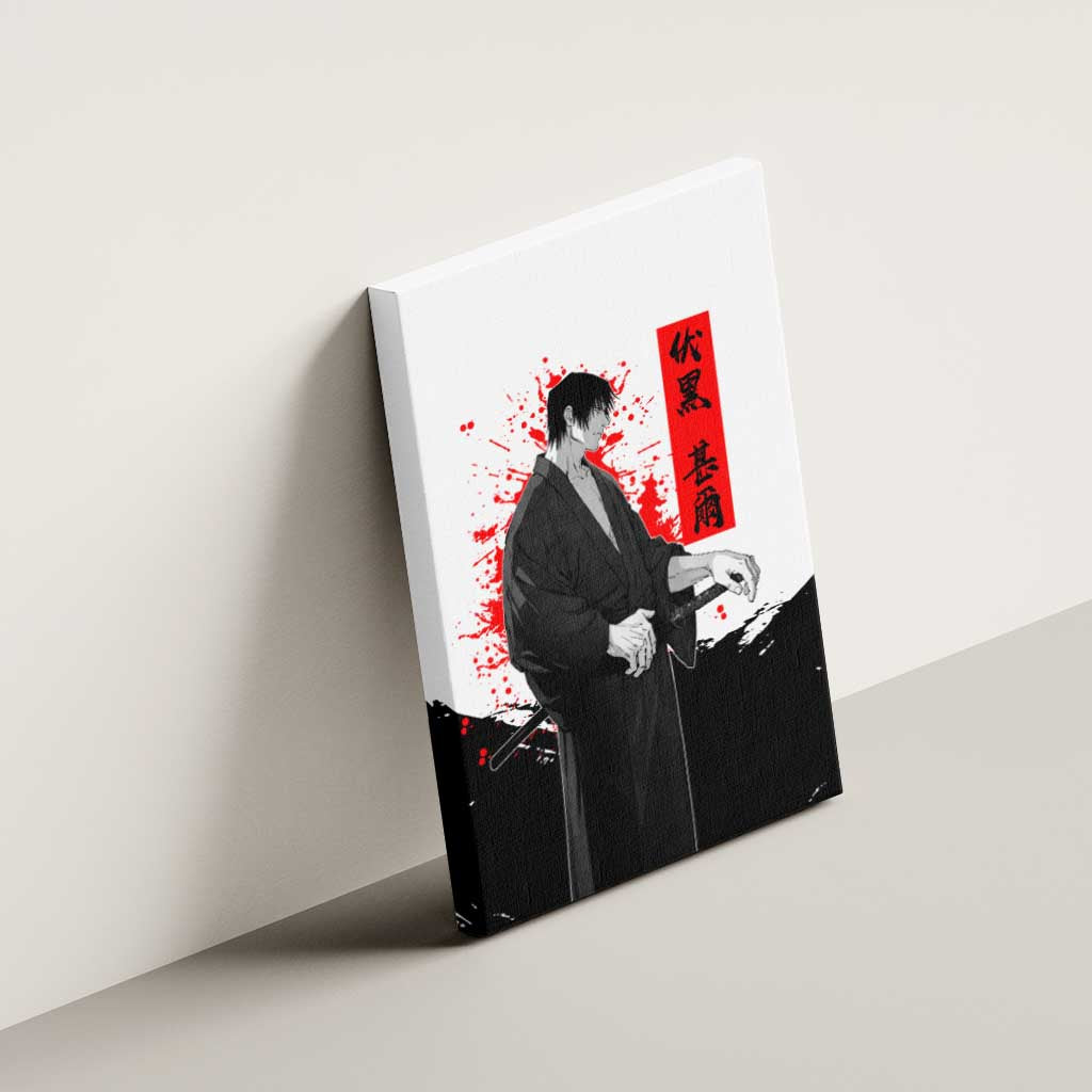 Toji Fushiguro Jujutsu Kaisen Samurai Theme Canvas Wall Art with Katana, Red Kanji and Oni Mask Artwork - The Mazicc