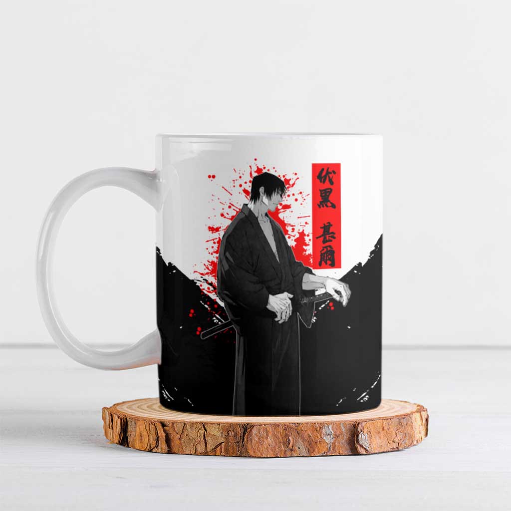 Toji Fushiguro Jujutsu Kaisen Samurai Theme Ceramic Mug with Katana, Red Kanji and Oni Mask Artwork - The Mazicc