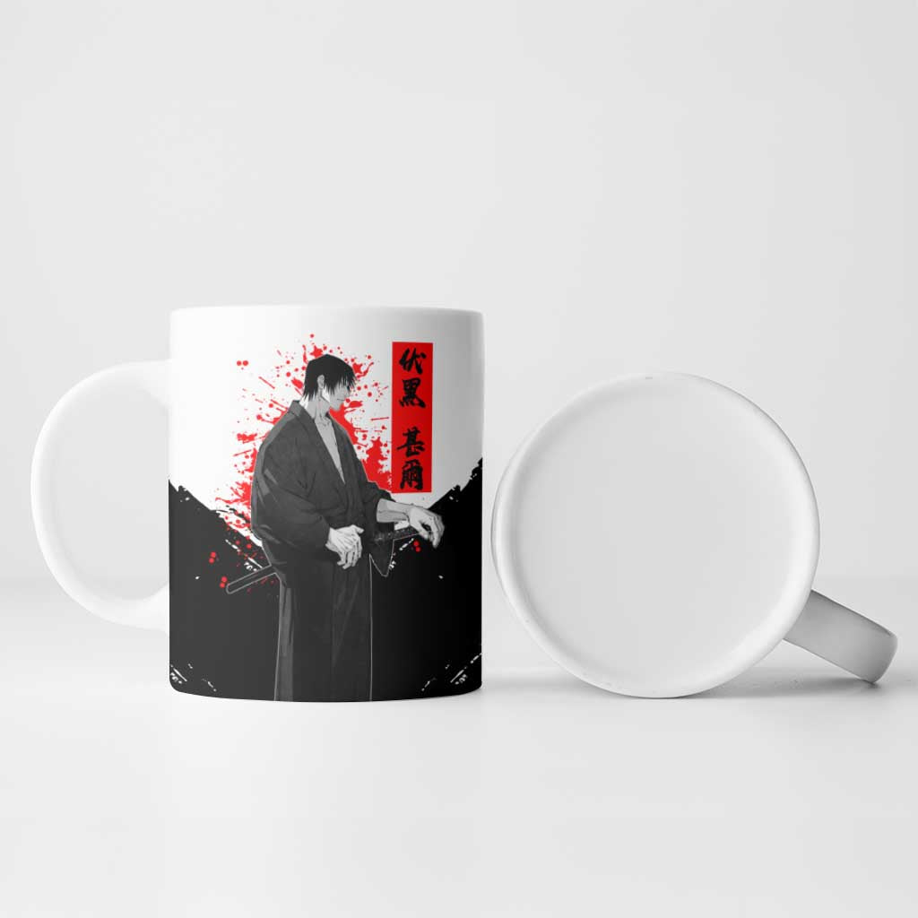 Toji Fushiguro Jujutsu Kaisen Samurai Theme Ceramic Mug with Katana, Red Kanji and Oni Mask Artwork - The Mazicc
