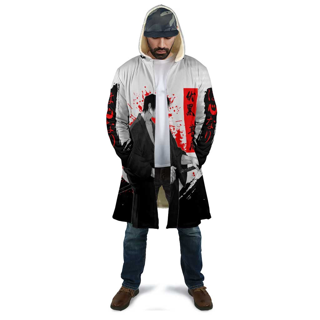 Toji Fushiguro Jujutsu Kaisen Samurai Theme Cloak with Katana, Red Kanji and Oni Mask Artwork - The Mazicc
