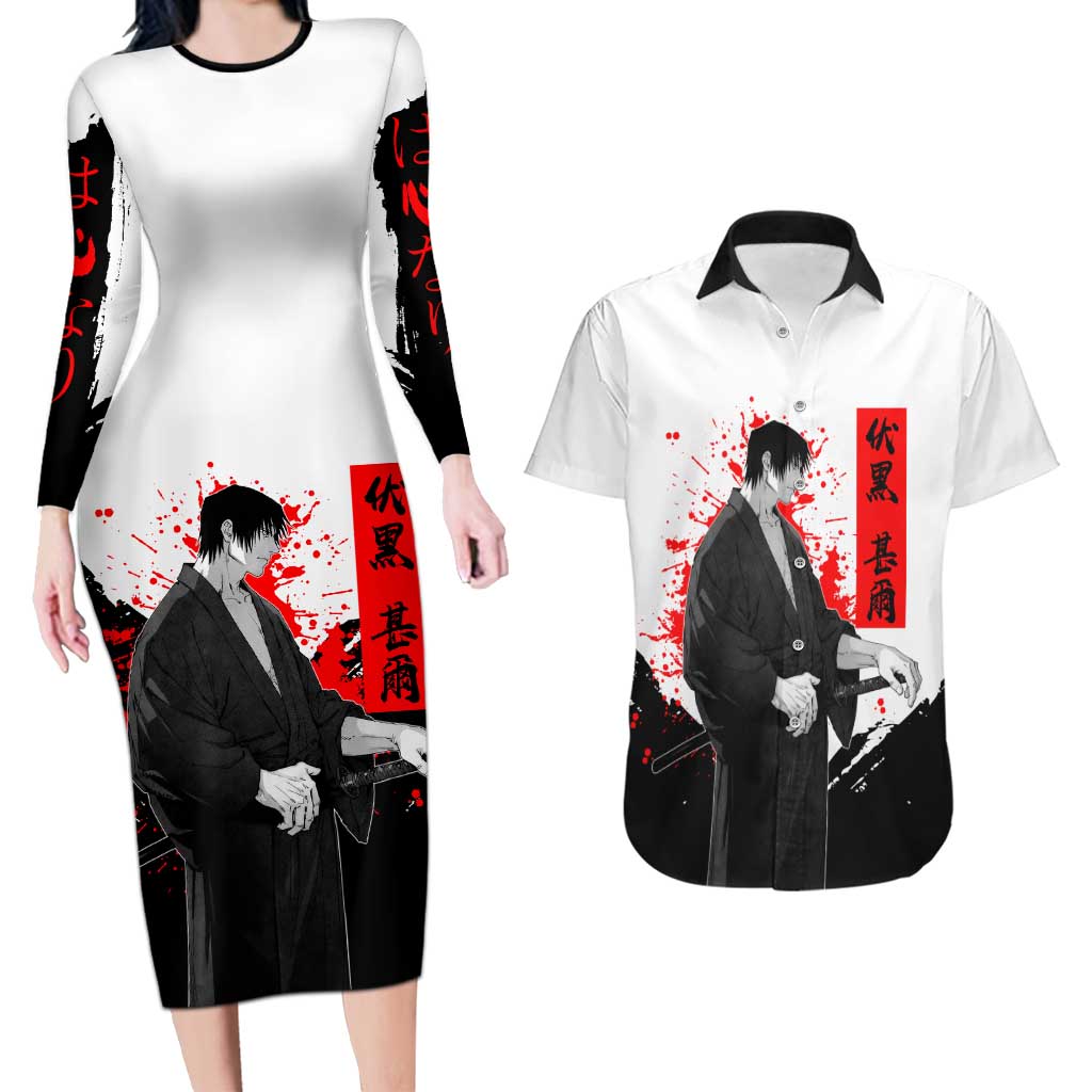 Toji Fushiguro Jujutsu Kaisen Samurai Theme Couples Matching Long Sleeve Bodycon Dress and Hawaiian Shirt with Katana, Red Kanji and Oni Mask Artwork - The Mazicc