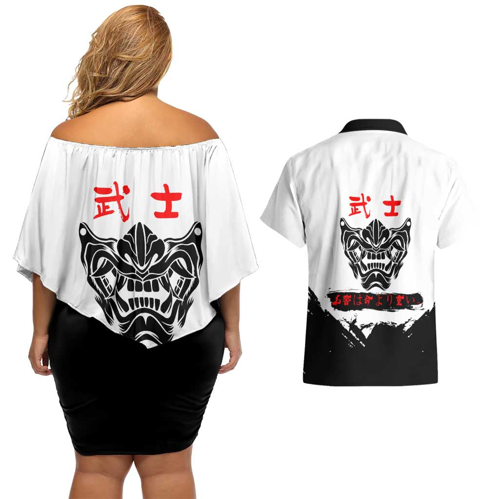 Toji Fushiguro Jujutsu Kaisen Samurai Theme Couples Matching Off Shoulder Short Dress and Hawaiian Shirt with Katana, Red Kanji and Oni Mask Artwork - The Mazicc