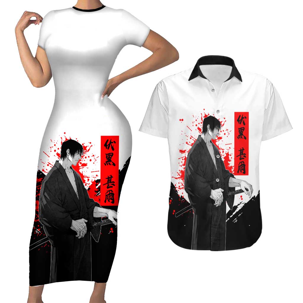 Toji Fushiguro Jujutsu Kaisen Samurai Theme Couples Matching Short Sleeve Bodycon Dress and Hawaiian Shirt with Katana, Red Kanji and Oni Mask Artwork - The Mazicc