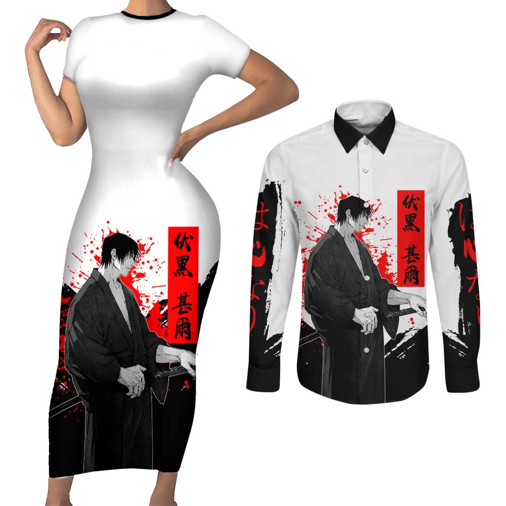 Toji Fushiguro Jujutsu Kaisen Samurai Theme Couples Matching Short Sleeve Bodycon Dress and Long Sleeve Button Shirt with Katana, Red Kanji and Oni Mask Artwork - The Mazicc