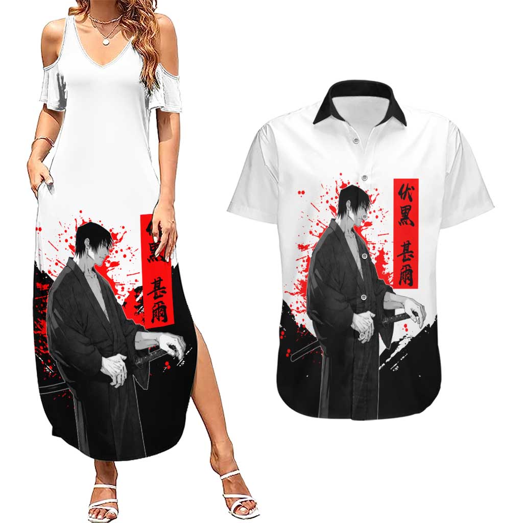 Toji Fushiguro Jujutsu Kaisen Samurai Theme Couples Matching Summer Maxi Dress and Hawaiian Shirt with Katana, Red Kanji and Oni Mask Artwork - The Mazicc