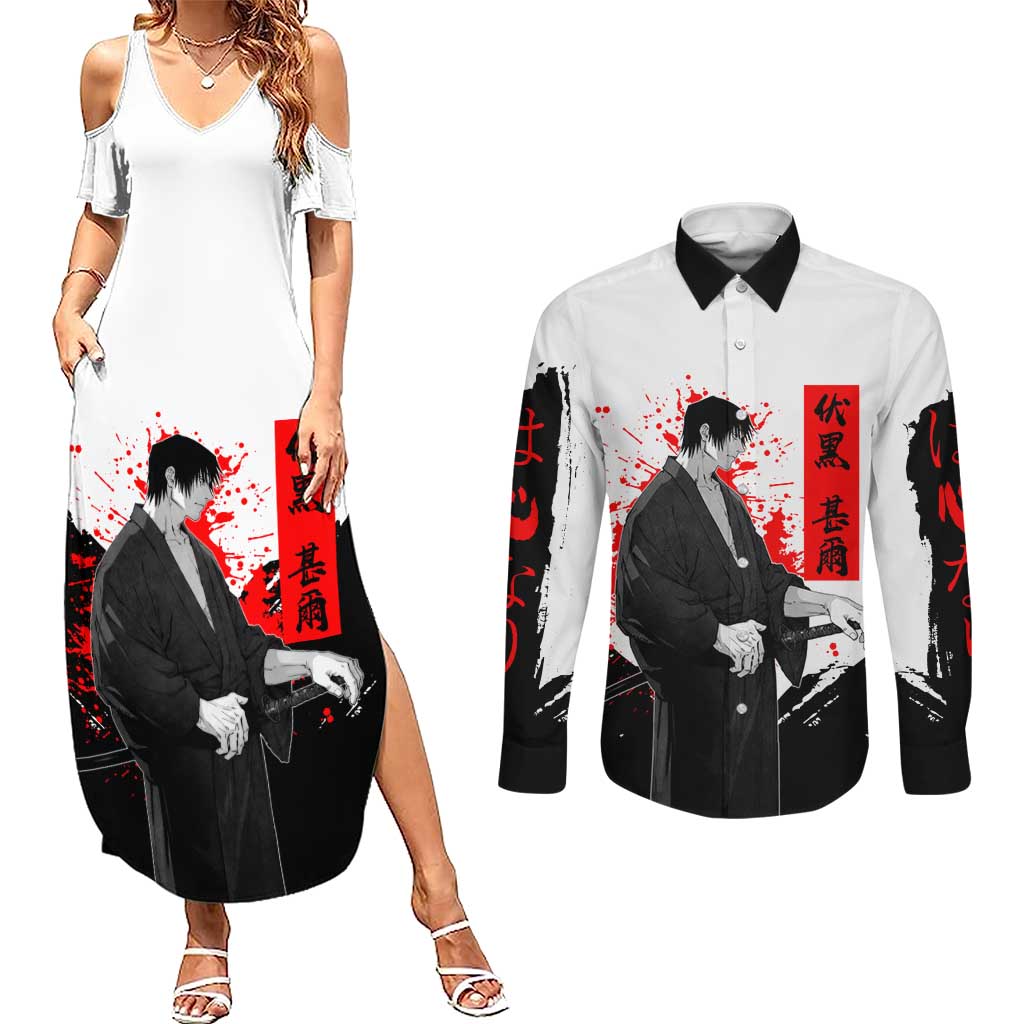 Toji Fushiguro Jujutsu Kaisen Samurai Theme Couples Matching Summer Maxi Dress and Long Sleeve Button Shirt with Katana, Red Kanji and Oni Mask Artwork - The Mazicc