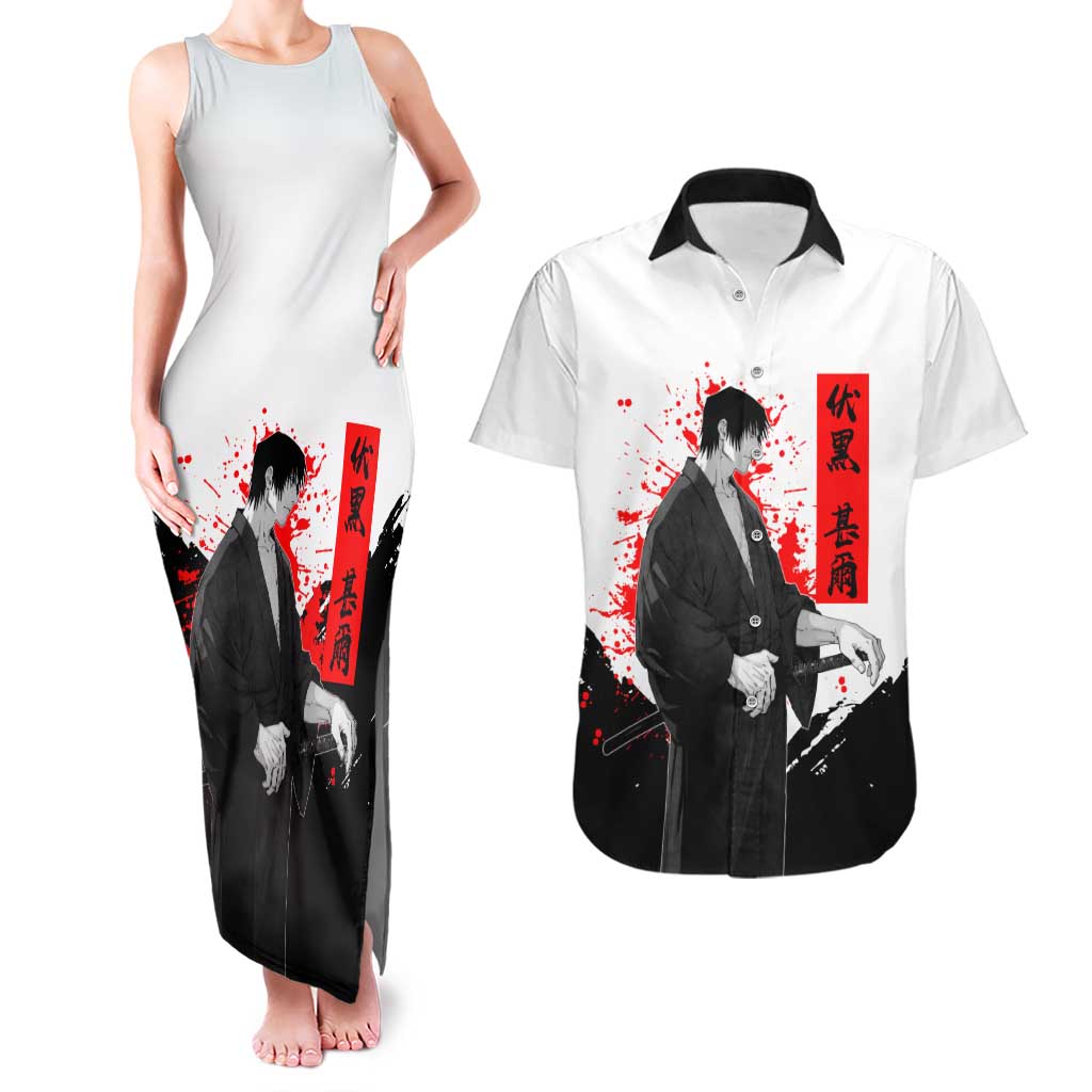 Toji Fushiguro Jujutsu Kaisen Samurai Theme Couples Matching Tank Maxi Dress and Hawaiian Shirt with Katana, Red Kanji and Oni Mask Artwork - The Mazicc