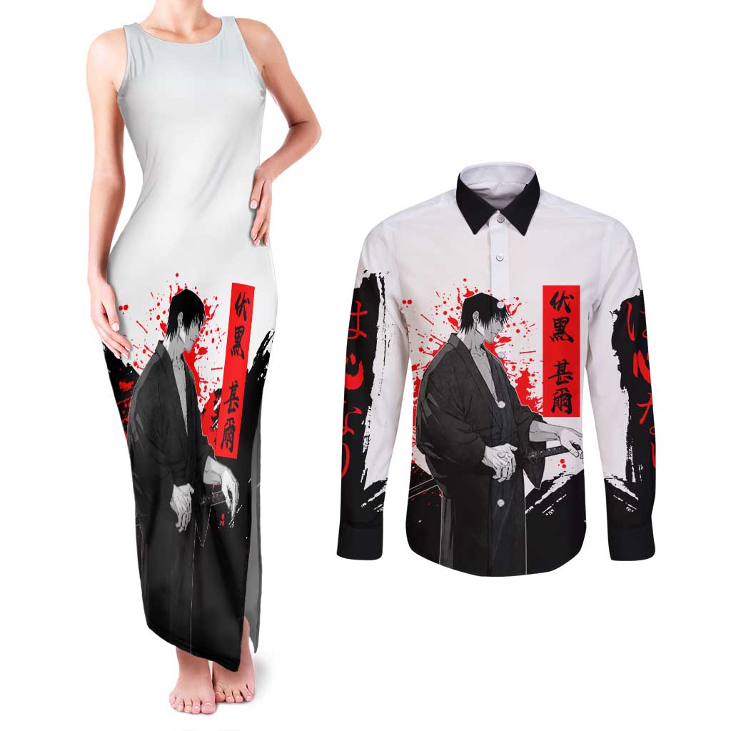 Toji Fushiguro Jujutsu Kaisen Samurai Theme Couples Matching Tank Maxi Dress and Long Sleeve Button Shirt with Katana, Red Kanji and Oni Mask Artwork - The Mazicc