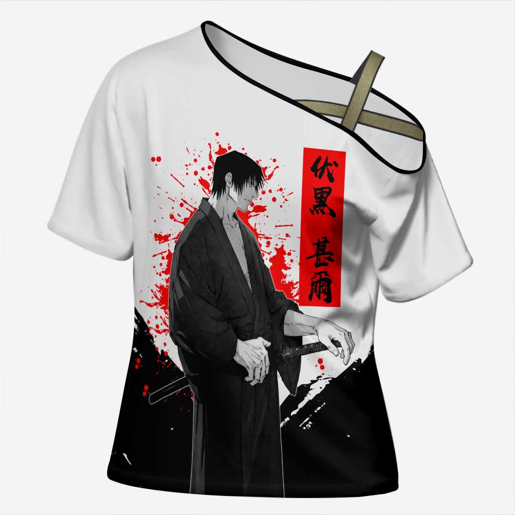 Toji Fushiguro Jujutsu Kaisen Samurai Theme Cross Shoulder Shirt with Katana, Red Kanji and Oni Mask Artwork - The Mazicc