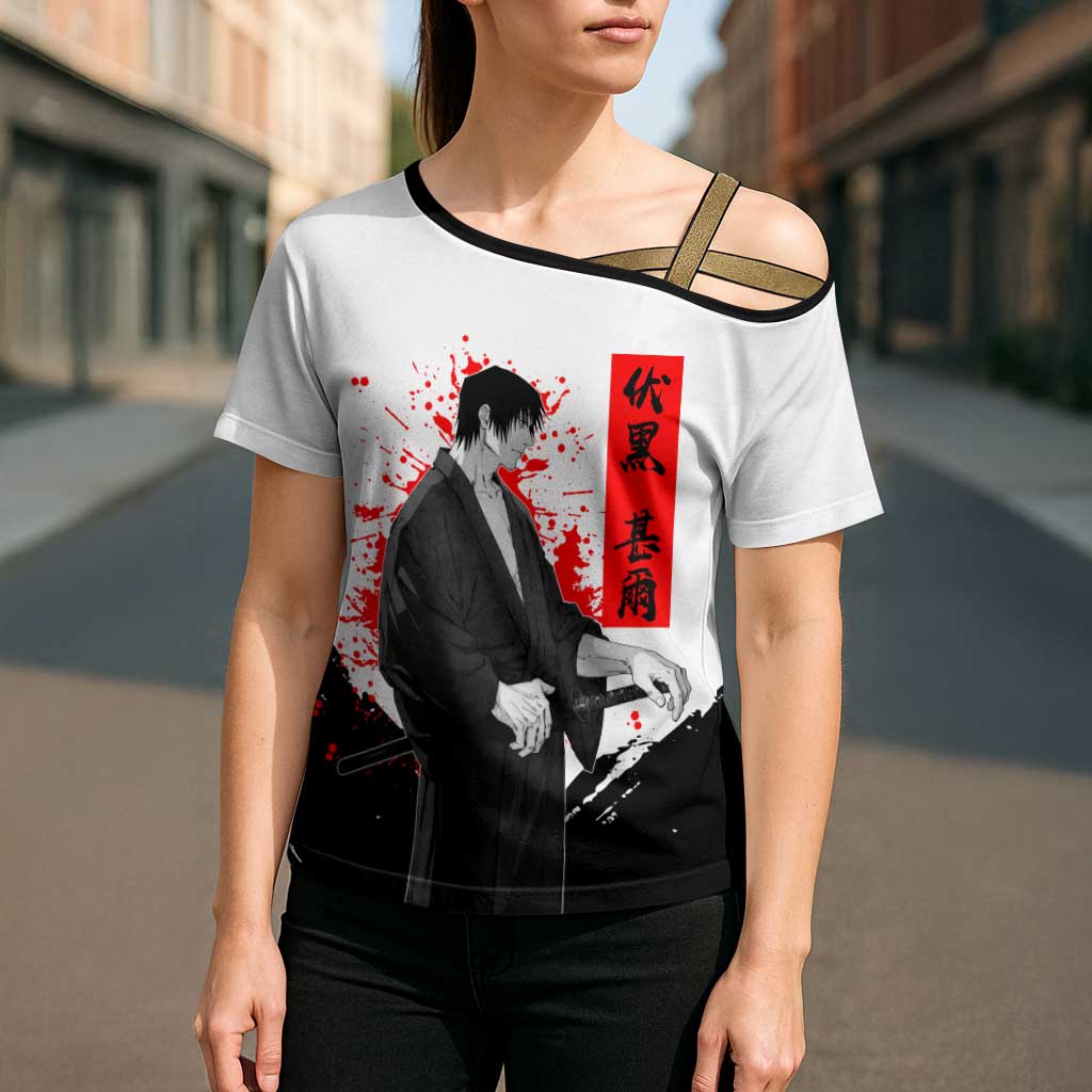 Toji Fushiguro Jujutsu Kaisen Samurai Theme Cross Shoulder Shirt with Katana, Red Kanji and Oni Mask Artwork - The Mazicc