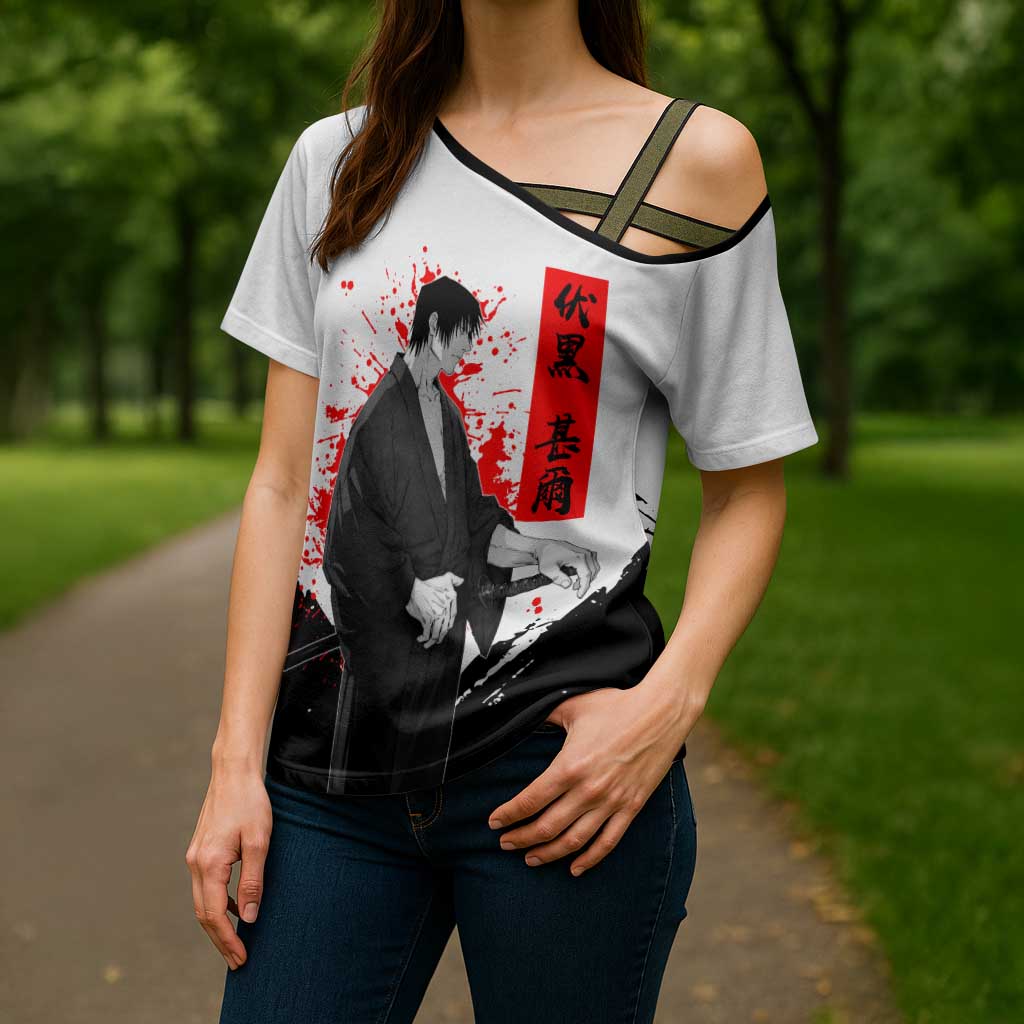 Toji Fushiguro Jujutsu Kaisen Samurai Theme Cross Shoulder Shirt with Katana, Red Kanji and Oni Mask Artwork - The Mazicc