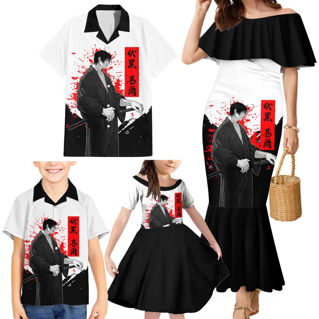 Toji Fushiguro Jujutsu Kaisen Samurai Theme Family Matching Mermaid Dress and Hawaiian Shirt with Katana, Red Kanji and Oni Mask Artwork