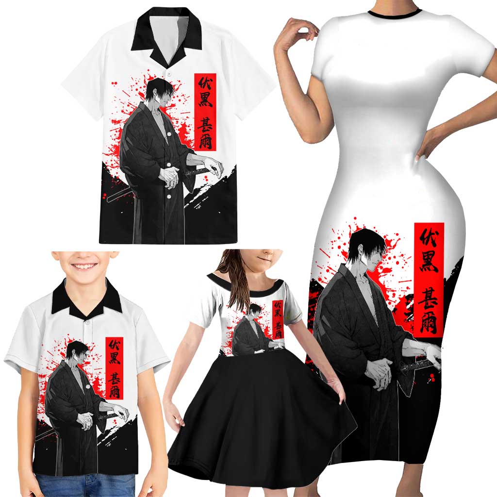 Toji Fushiguro Jujutsu Kaisen Samurai Theme Family Matching Short Sleeve Bodycon Dress and Hawaiian Shirt with Katana, Red Kanji and Oni Mask Artwork