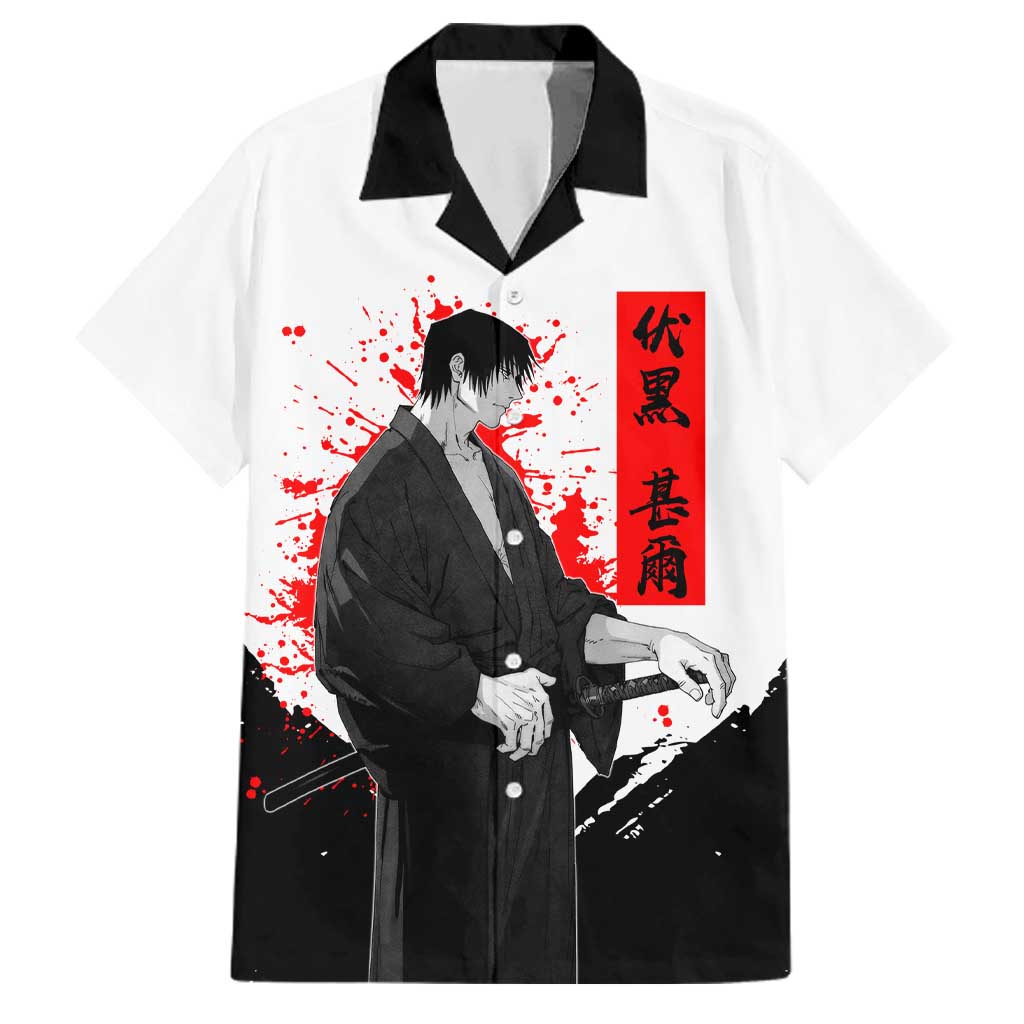 Toji Fushiguro Jujutsu Kaisen Samurai Theme Family Matching Short Sleeve Bodycon Dress and Hawaiian Shirt with Katana, Red Kanji and Oni Mask Artwork
