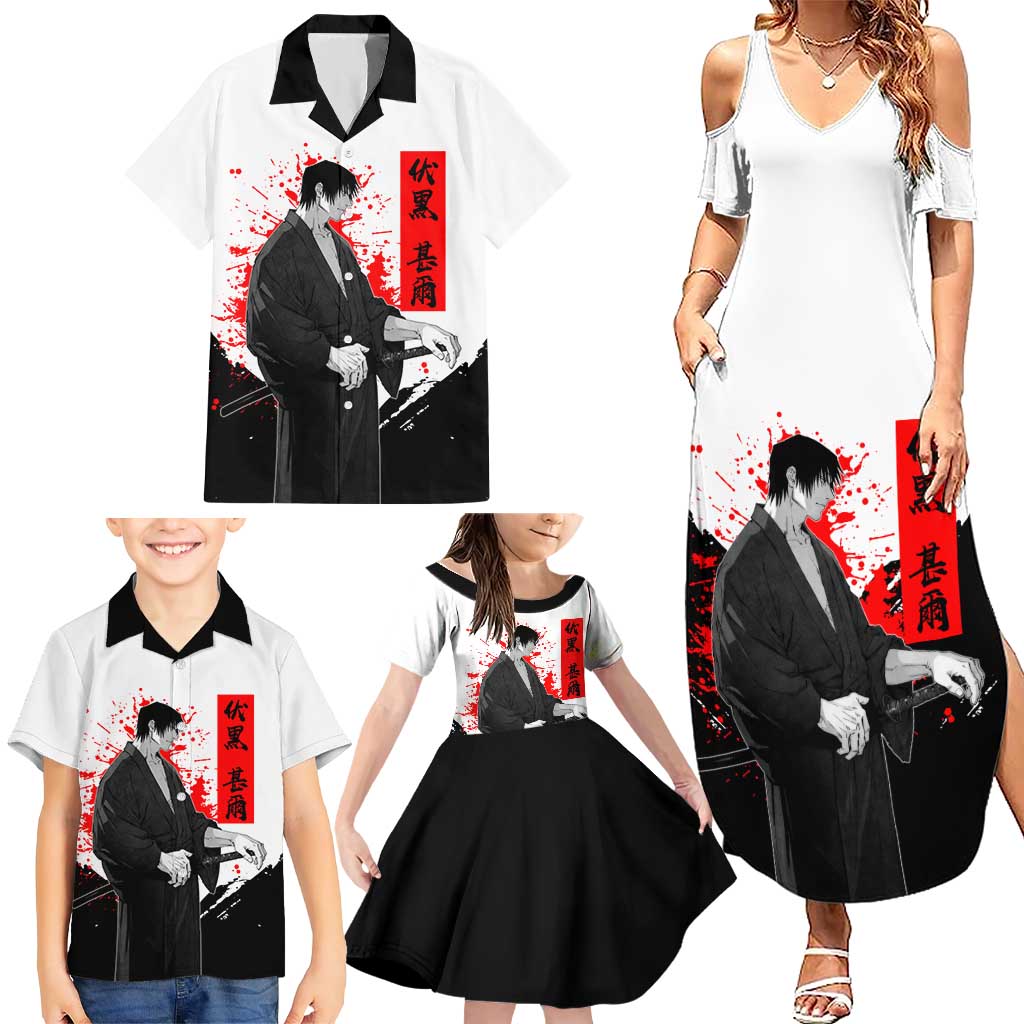 Toji Fushiguro Jujutsu Kaisen Samurai Theme Family Matching Summer Maxi Dress and Hawaiian Shirt with Katana, Red Kanji and Oni Mask Artwork
