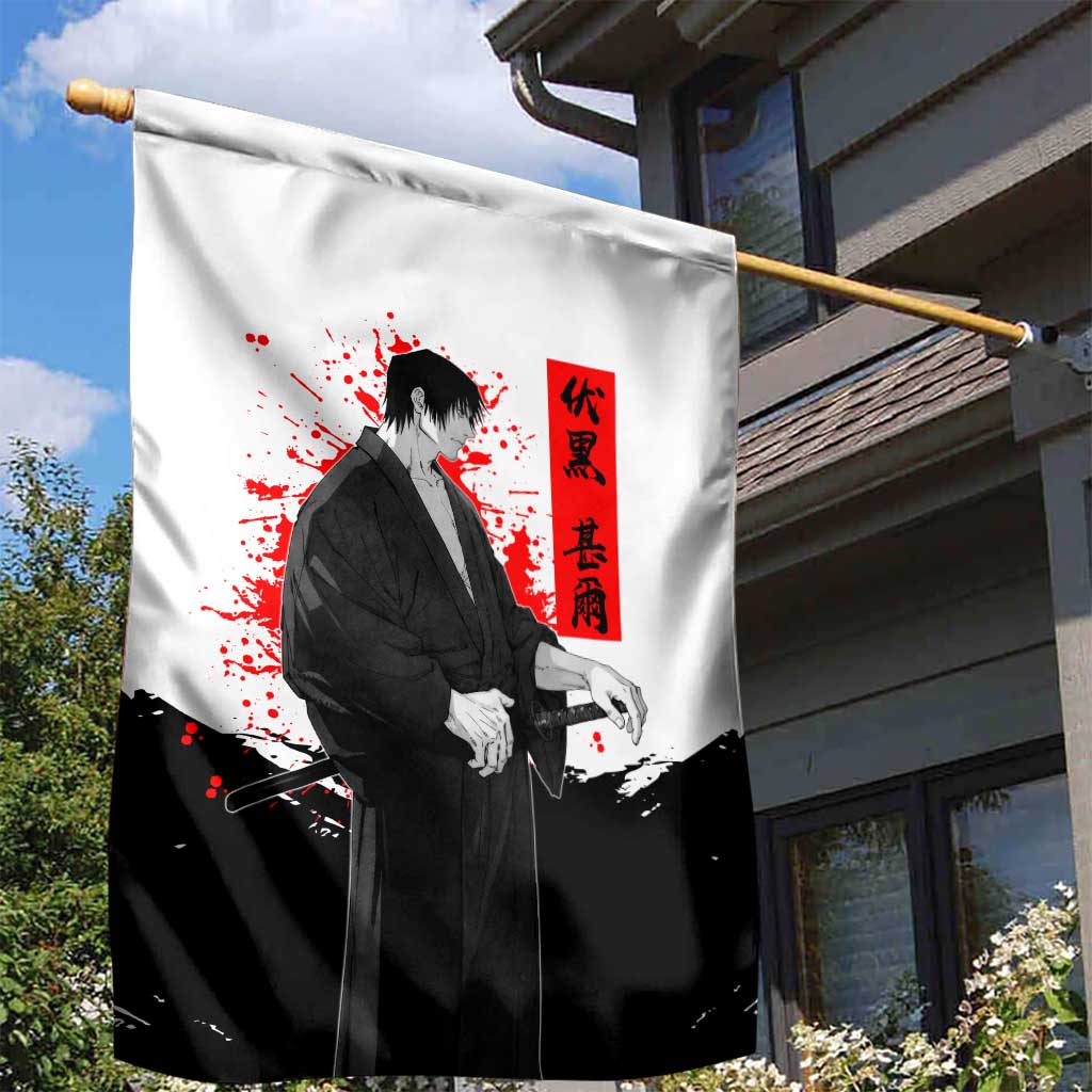 Toji Fushiguro Jujutsu Kaisen Samurai Theme Garden Flag with Katana, Red Kanji and Oni Mask Artwork - The Mazicc