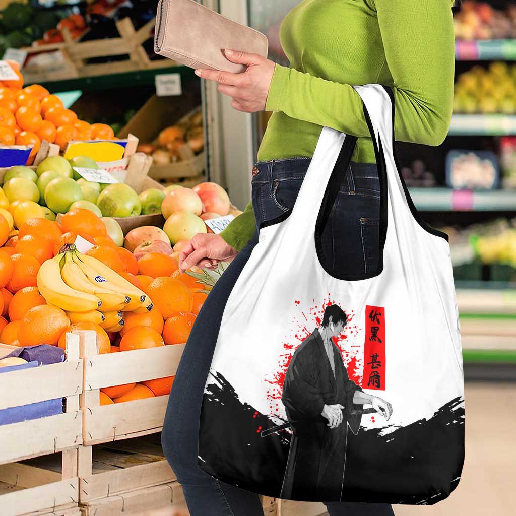 Toji Fushiguro Jujutsu Kaisen Samurai Theme Grocery Bag with Katana, Red Kanji and Oni Mask Artwork - The Mazicc