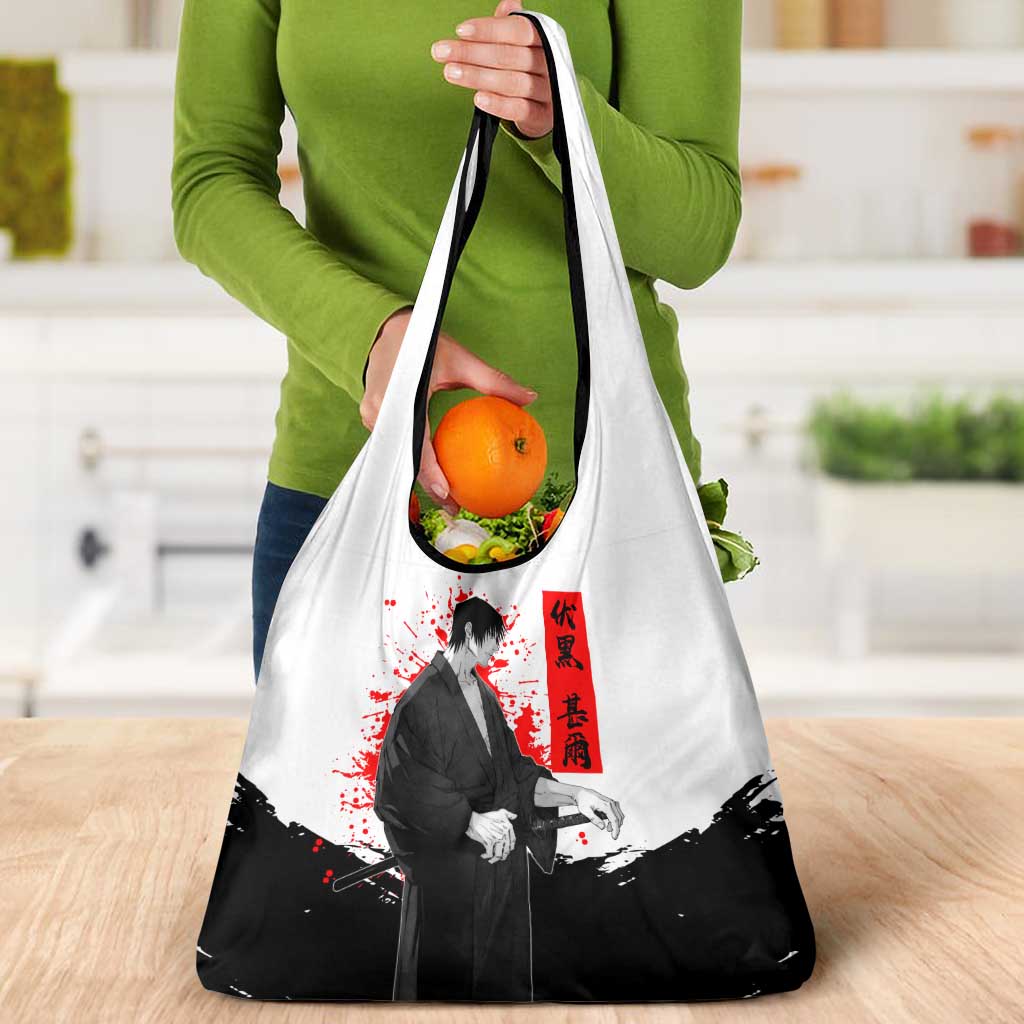 Toji Fushiguro Jujutsu Kaisen Samurai Theme Grocery Bag with Katana, Red Kanji and Oni Mask Artwork - The Mazicc
