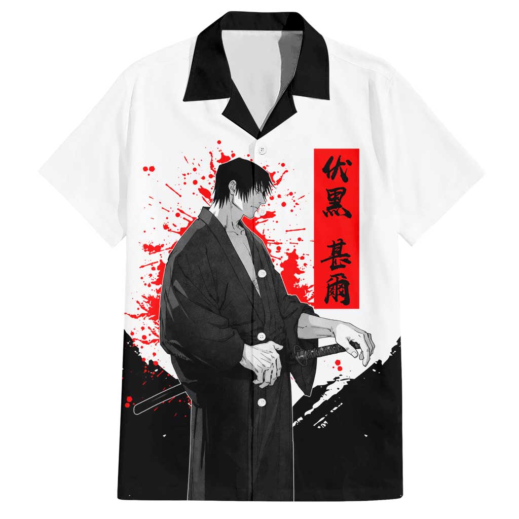Toji Fushiguro Jujutsu Kaisen Samurai Theme Hawaiian Shirt with Katana, Red Kanji and Oni Mask Artwork - The Mazicc