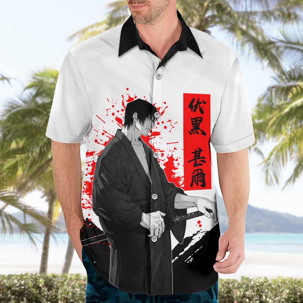 Toji Fushiguro Jujutsu Kaisen Samurai Theme Hawaiian Shirt with Katana, Red Kanji and Oni Mask Artwork - The Mazicc