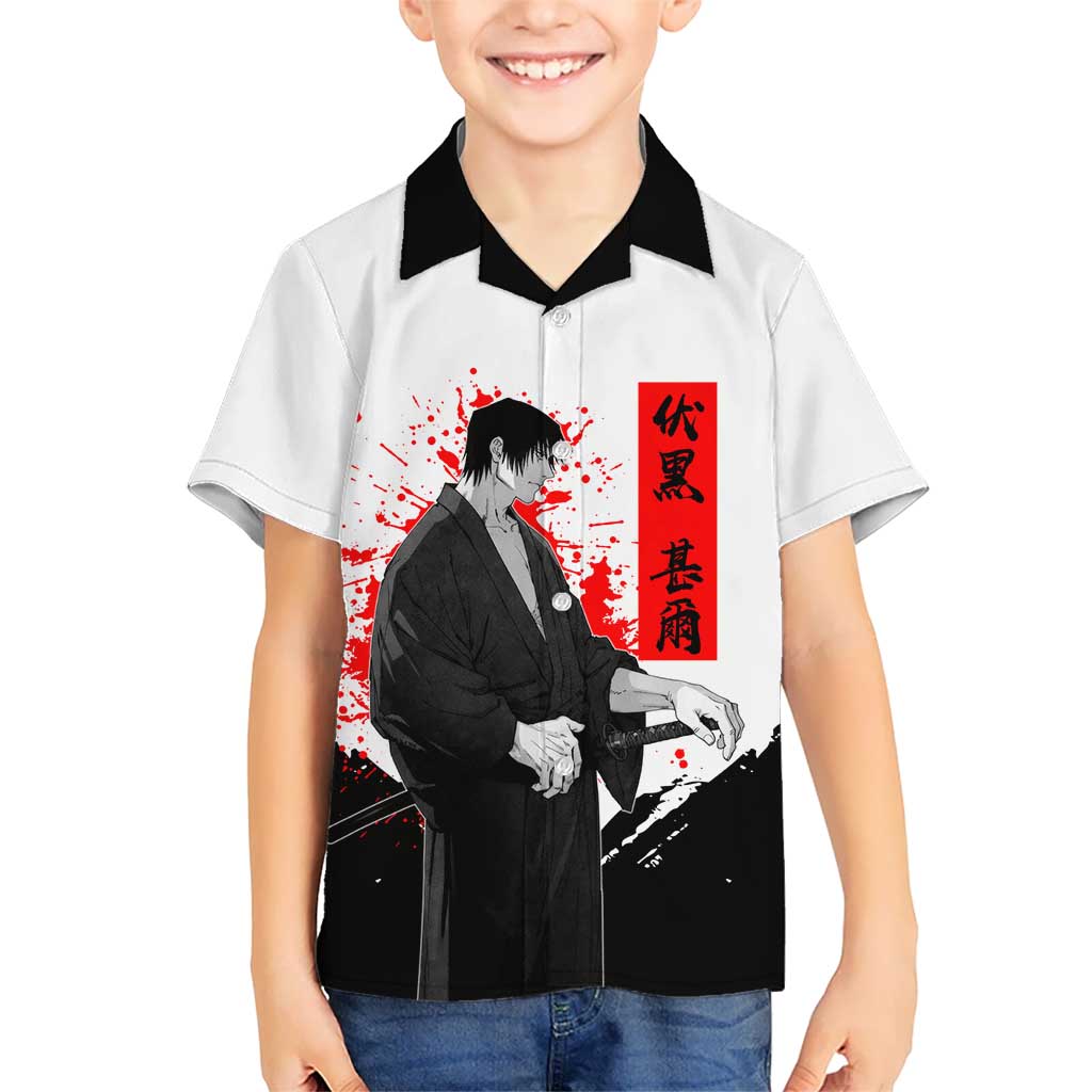 Toji Fushiguro Jujutsu Kaisen Samurai Theme Hawaiian Shirt with Katana, Red Kanji and Oni Mask Artwork - The Mazicc