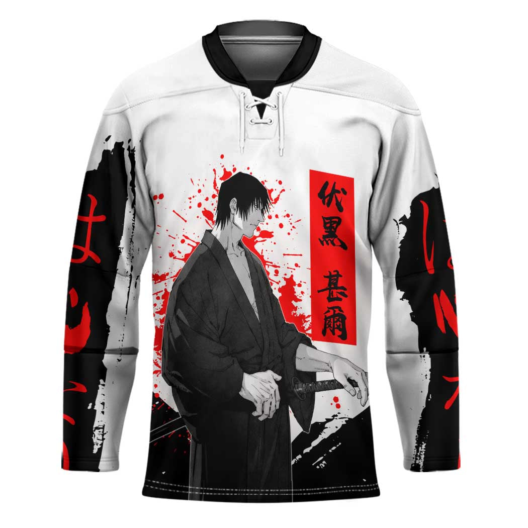 Toji Fushiguro Jujutsu Kaisen Samurai Theme Hockey Jersey with Katana, Red Kanji and Oni Mask Artwork - The Mazicc