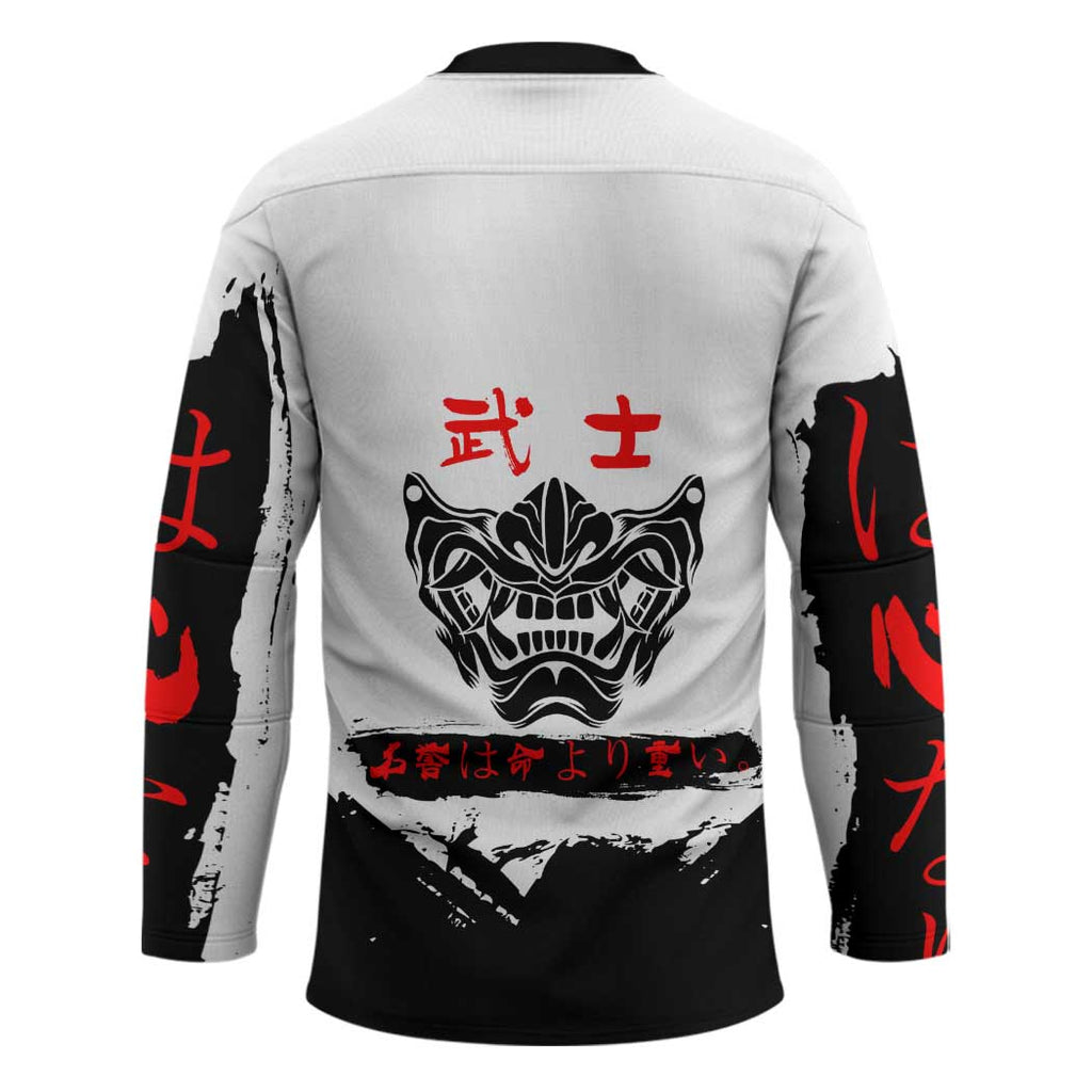 Toji Fushiguro Jujutsu Kaisen Samurai Theme Hockey Jersey with Katana, Red Kanji and Oni Mask Artwork - The Mazicc